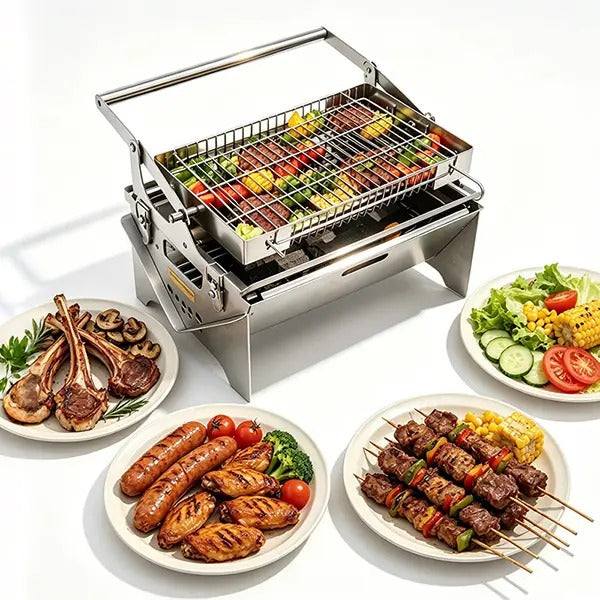 Portable Foldable Stainless Steel｜Camping Picnic Outdoor Grill｜Manual 360° Rotation