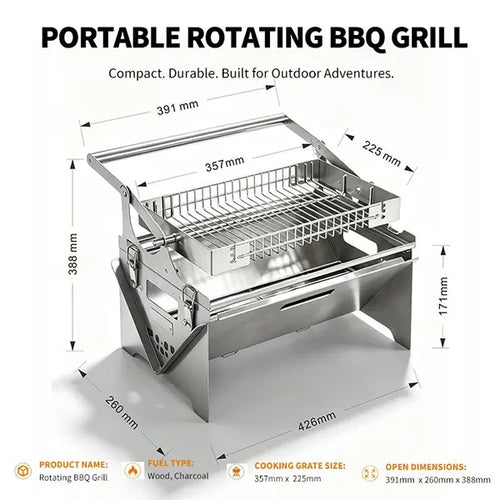 Portable Foldable Stainless Steel｜Camping Picnic Outdoor Grill｜Manual 360° Rotation