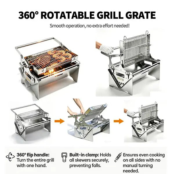 Portable Foldable Stainless Steel｜Camping Picnic Outdoor Grill｜Manual 360° Rotation